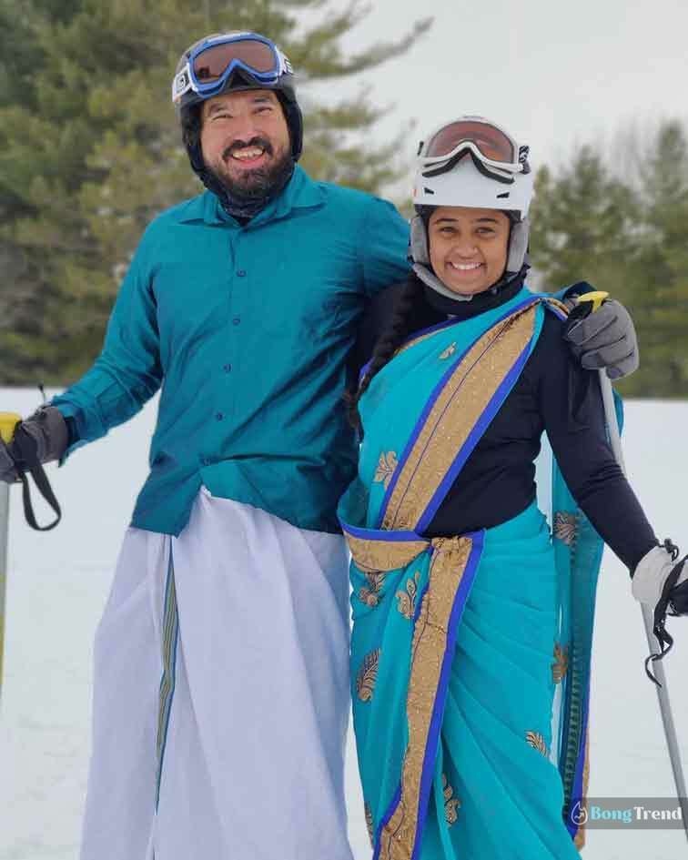 Skiing in saree viral video
