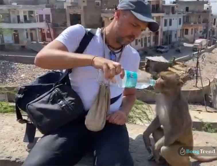 Viral Video of monkey drinking water from a man