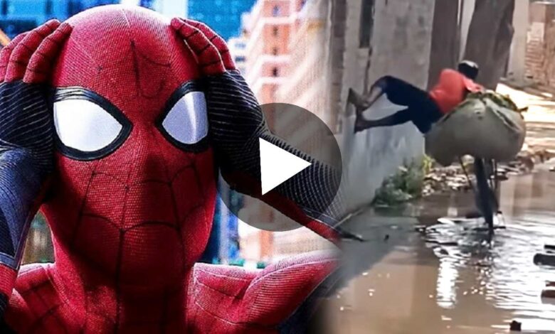 real life spider man avoiding dirty road water facebook viral video