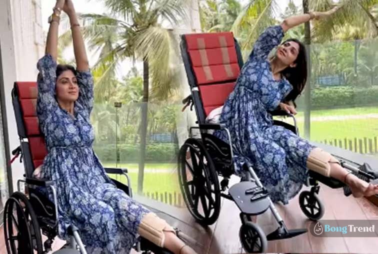 Shilpa Shetty doing yoga in wheel chair