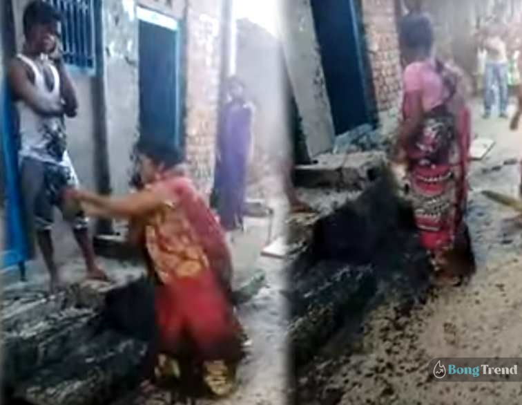 Two women trowing garbage from drain viral quarell