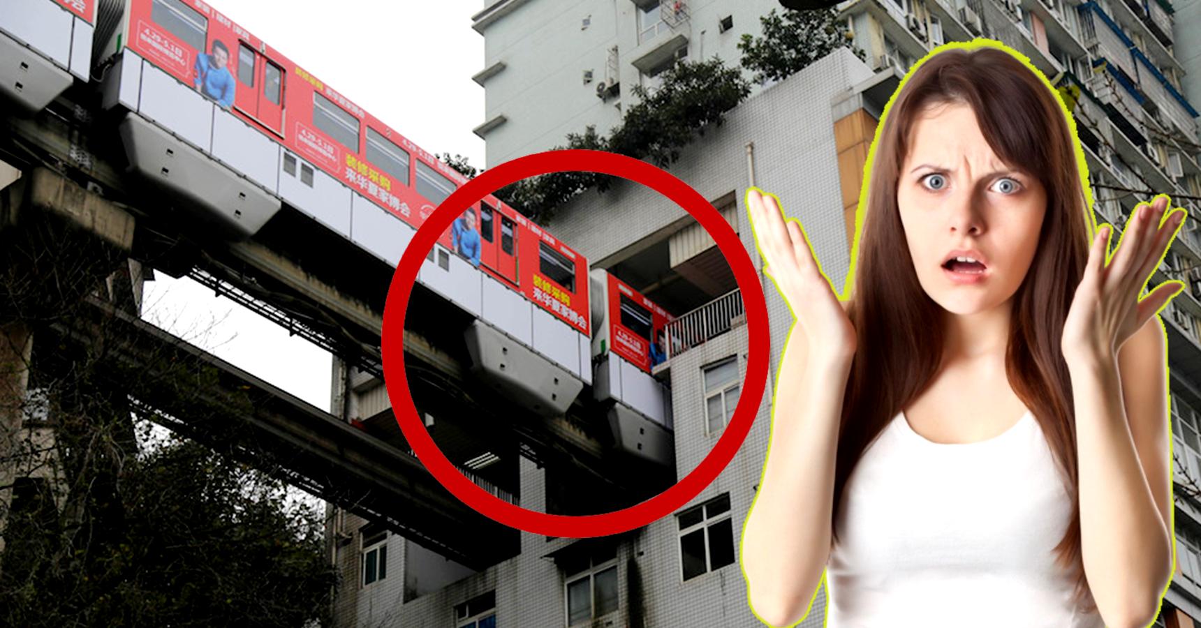 Metro rail runs through a building at Chongqing in China