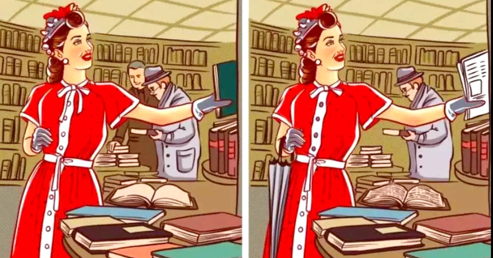 Brain teaser can you find 8 differences in this library picture within 30 seconds