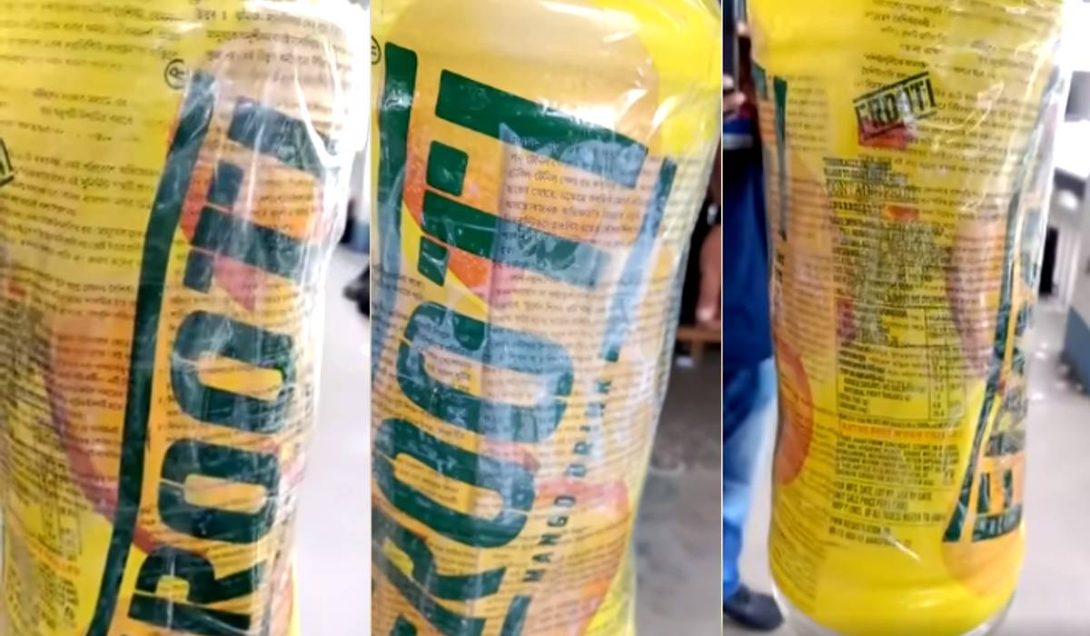 Student copies answer in cold drinks bottle