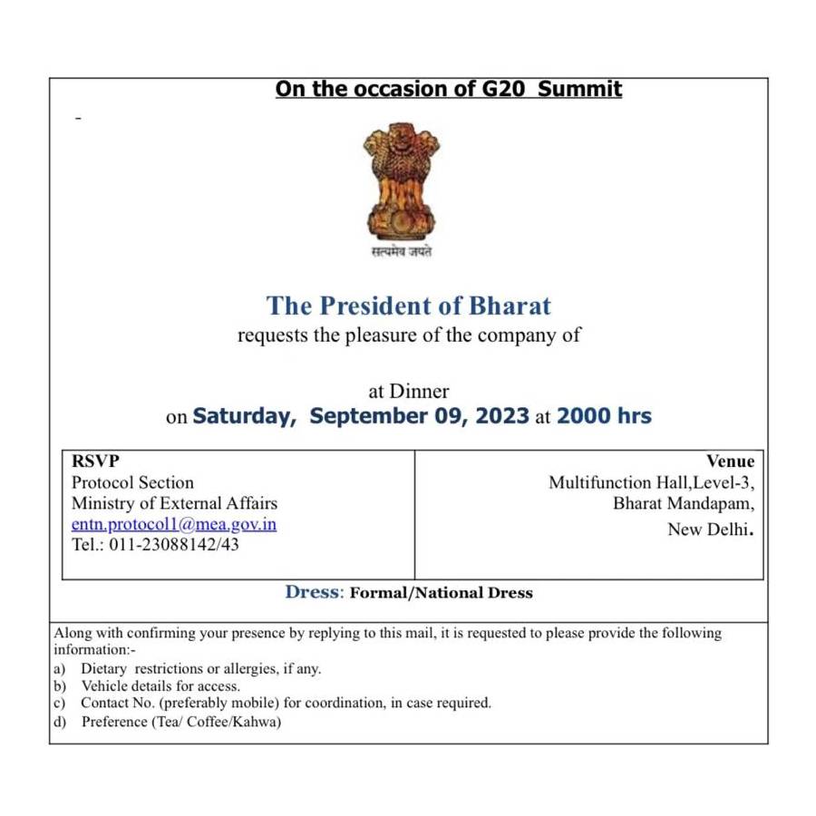 India name change, G20 Summit dinner invitation