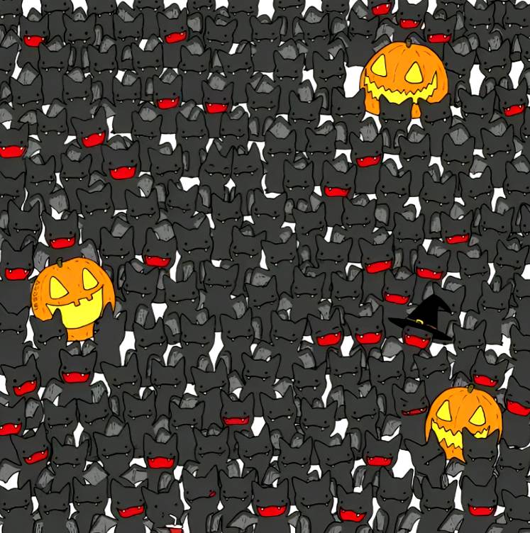 Optical illusion can you find the black cat among the bats in the Halloween picture within 15 seconds