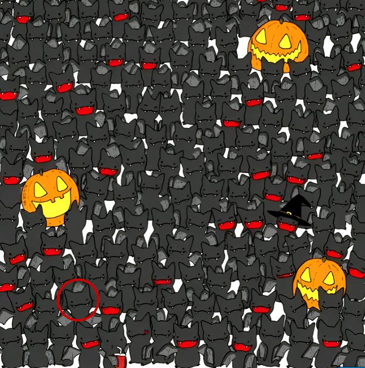Optical illusion can you find the black cat among the bats in the Halloween picture within 15 seconds 