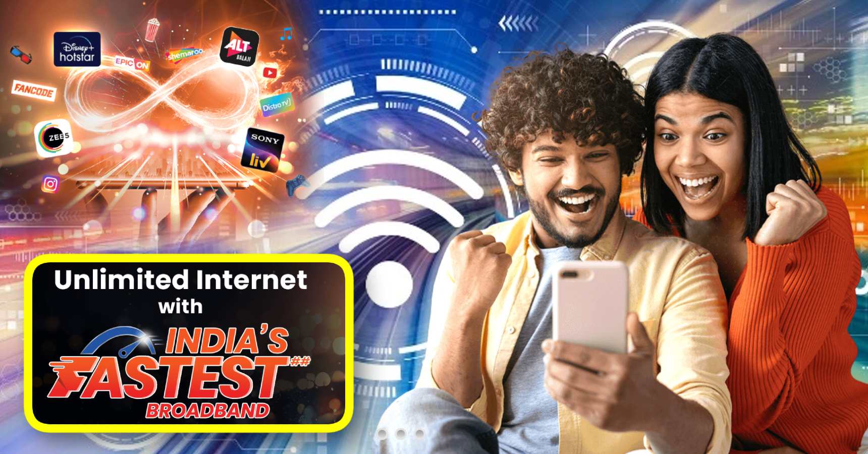 Excitel High Speed Brodband with 400 Mbps Unlimited Internet 21 Free OTT Apps and TV channels